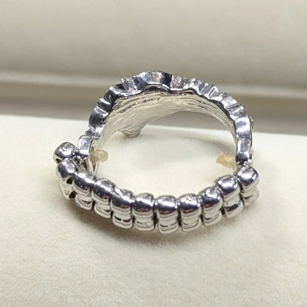 New Faux Pearl Clear Rhinestone Crystal Stretch Band Ring Silver Tone Comfy